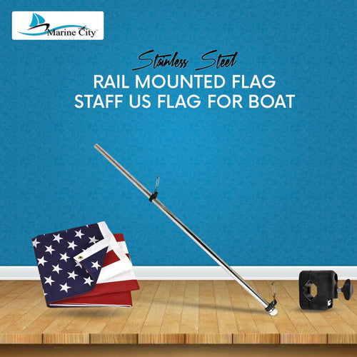 21 inch Stainless Steel Rail Mounted Flag Staff with Black Plastic Flag Pole Base and 12 X 18 inches US Flag O62616