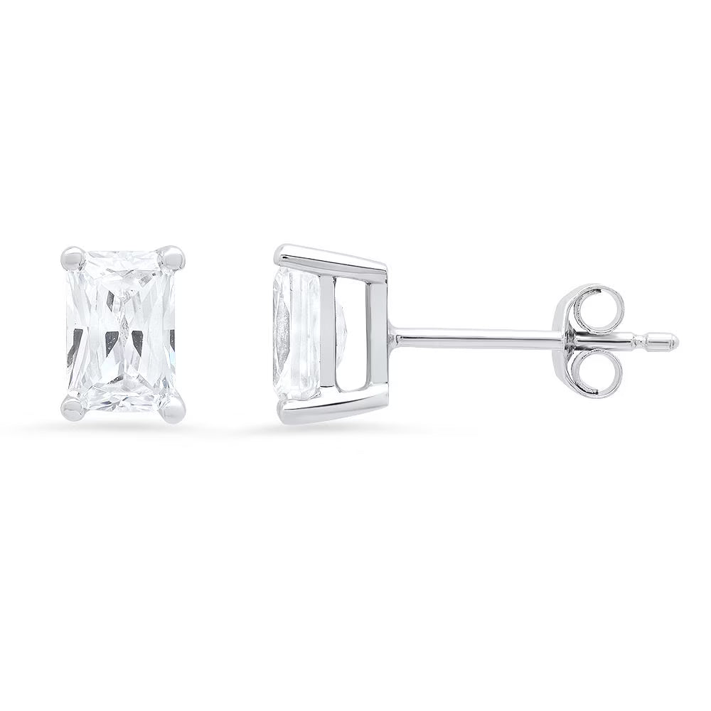 1.0 ct Emerald Cut Solitaire Studs VVS1 Lab Created Moissanite Solid 18K White Gold Earrings J8154