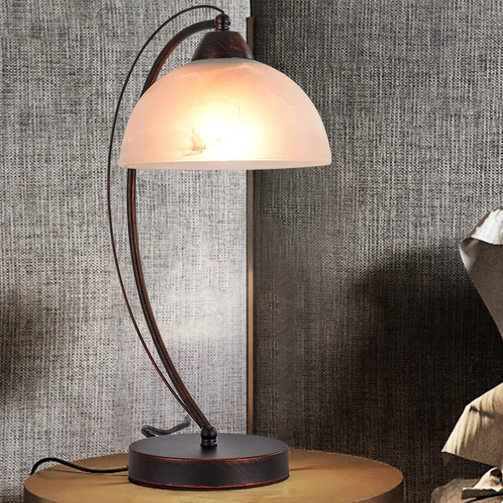 Retro Desk Lamp with Frosted Glass Lampshade Metal Nightstand Light Q36401