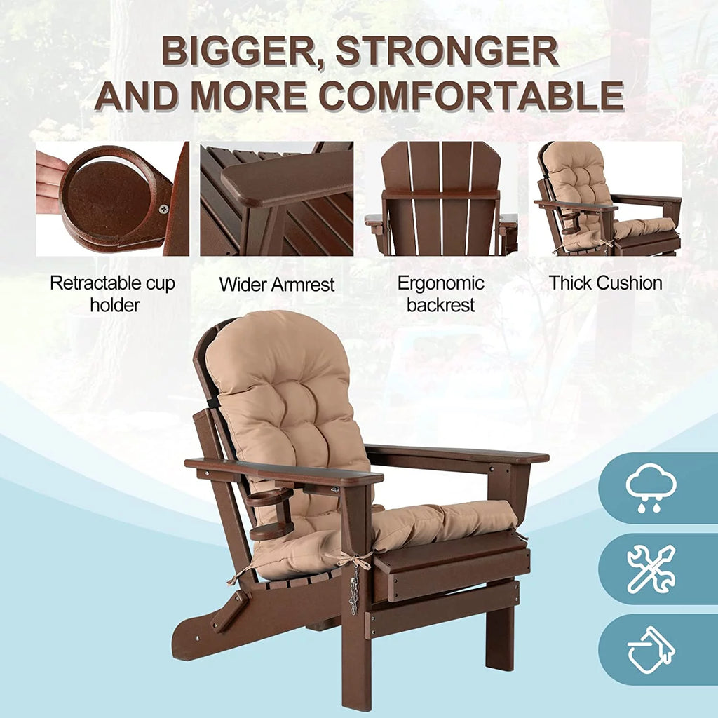 Oversized HDPE Plastic Folding Adirondack Chairs Set of 2 with Cushion I93188