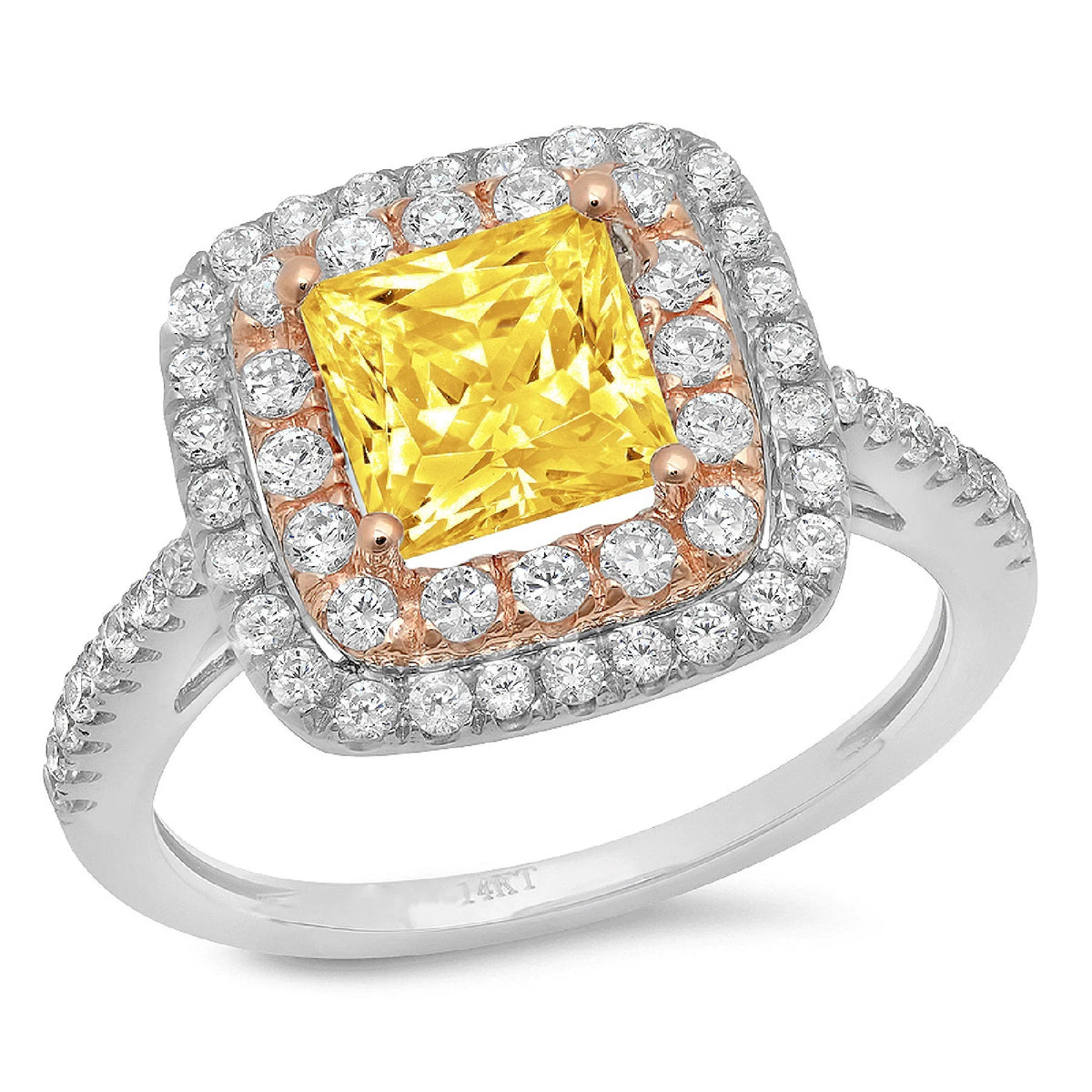 2.16ct Princess Cut Yellow Simulated Diamond 14k Rose Gold Halo Ring Size 6.5 G720051