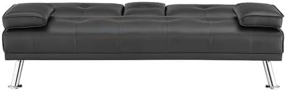 Black Faux Leather Futon Sofa Bed with Wooden Legs E746238