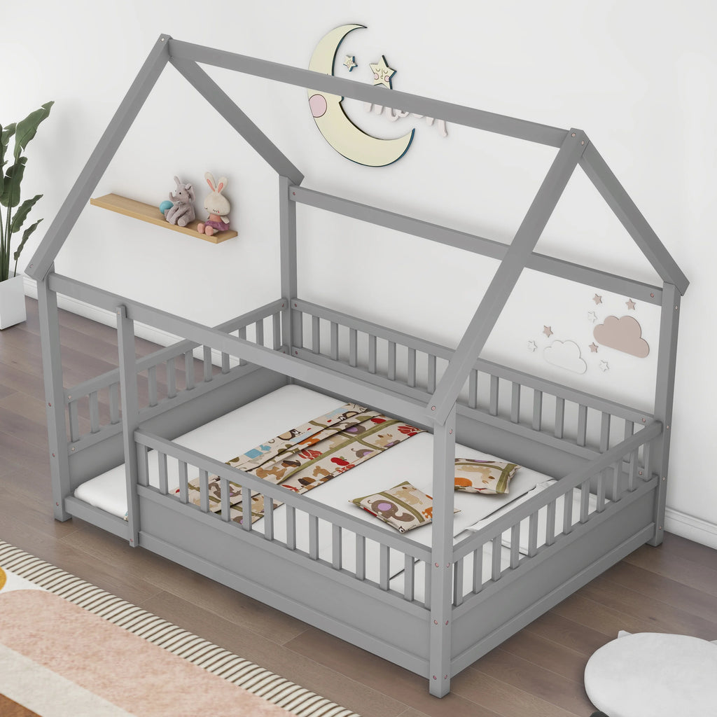 Full Size Grey Wooden Floor Bed with Roof Frame V598438