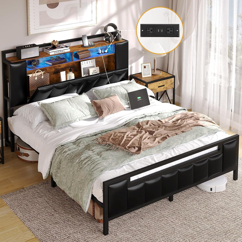 Queen Bed Frame with Storage Headboard and Led Light V121297