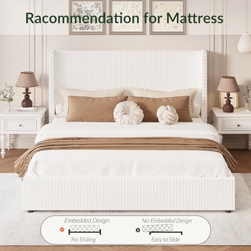 King Size White Corduroy Upholstered Platform Bed Frame with 4 Storage Drawers X574