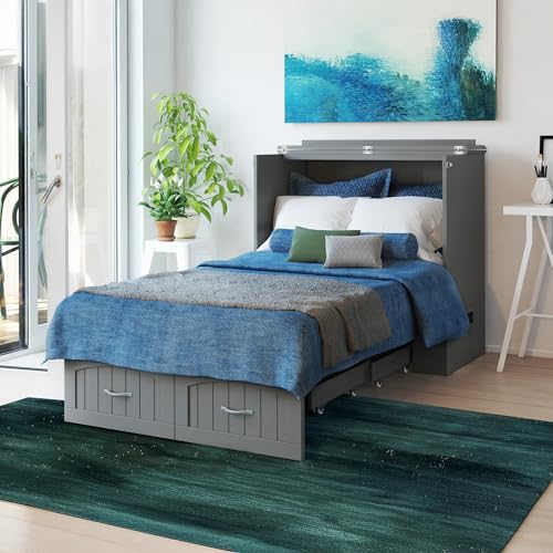 Queen Murphy Bed Chest with Mattress and Storage in Grey I4333