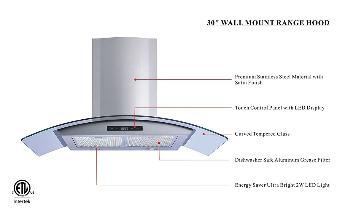 30" Stainless Steel Tempered Glass Wall Mount Range Hood Y43835
