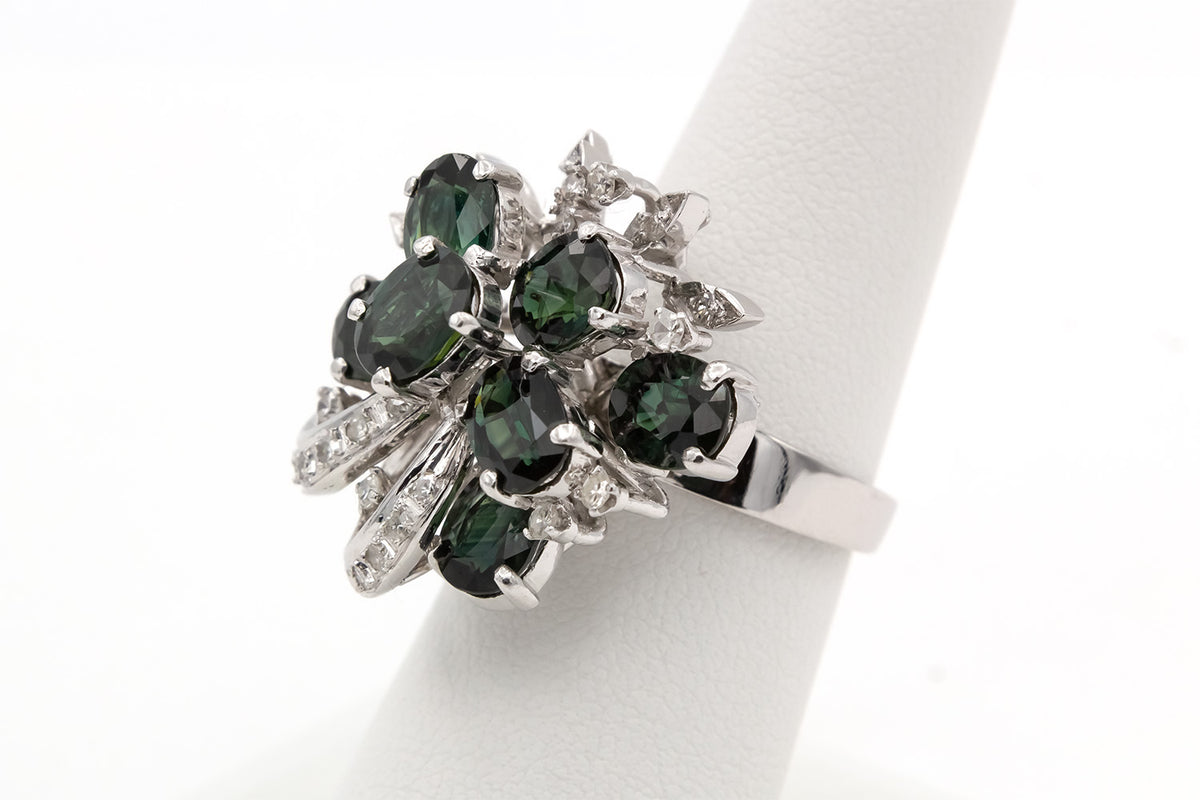 18k White Gold Sapphire Diamond Cluster Ring P674