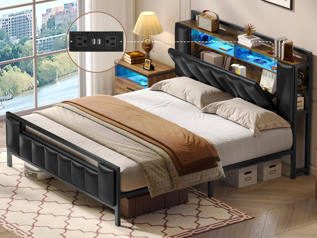 Queen Bed Frame with Storage Headboard and Led Light V121297
