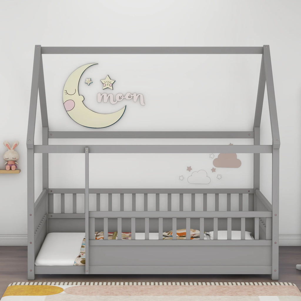Full Size Grey Wooden Floor Bed with Roof Frame V598438