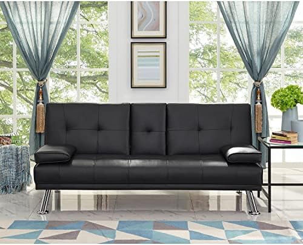 Black Faux Leather Futon Sofa Bed with Wooden Legs E746238