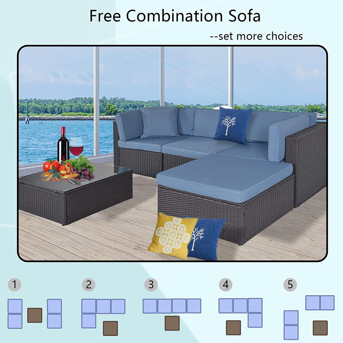 Outdoor Patio Furniture Sets Sectional Wicker Couch Sofa Seating 5PCS G997361